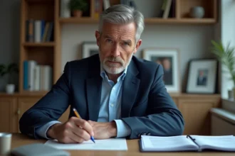 Homme d'âge moyen en costume bleu dans un bureau moderne