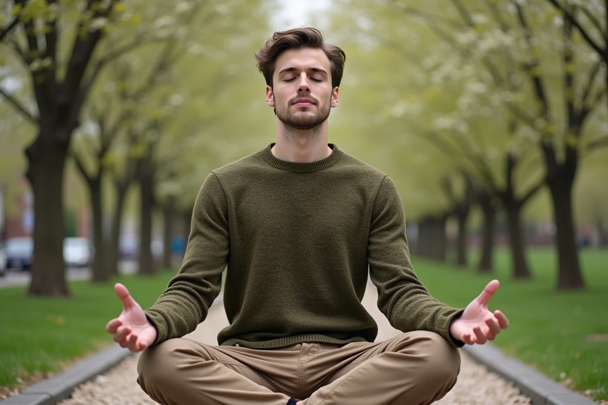 Jeune homme méditant dans un parc en pleine nature