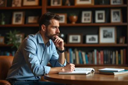 Homme contemplatif dans une bibliothèque chaleureuse