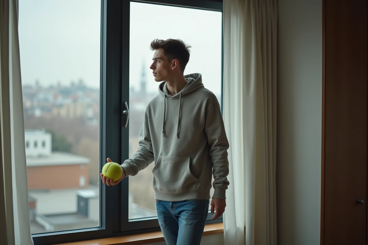 Homme regardant par la fenêtre dans un appartement urbain