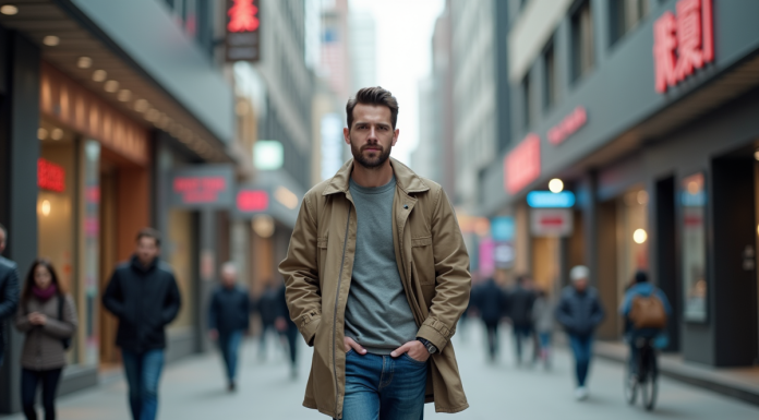 Homme d'âge moyen marche dans une ville animée