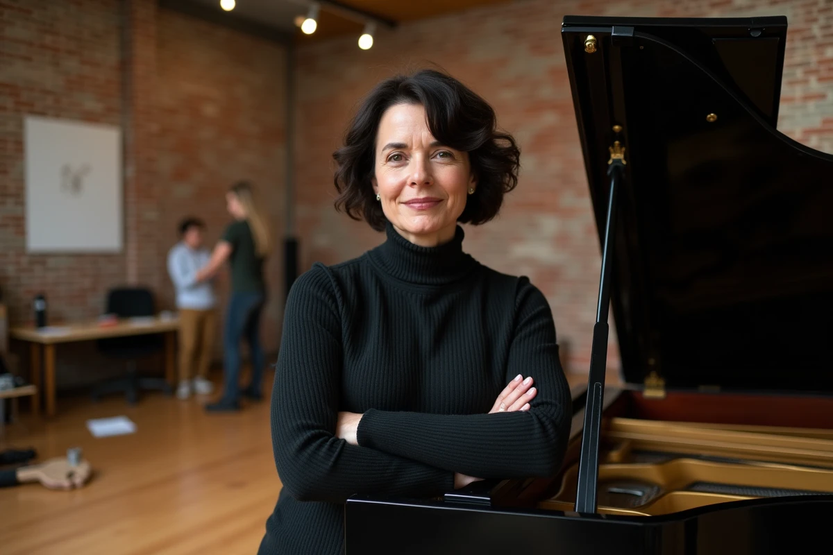Artiste féminine près d'un piano en studio de répétition, évoquant l'univers intime et musical de Jeanne Cherhal