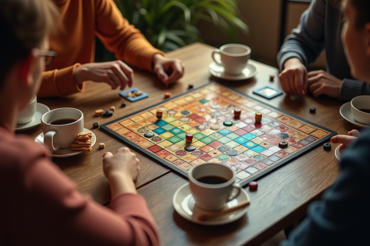 Partie de jeu de société vue de dessus dans un café chaleureux