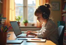 Jeune étudiant concentré sur son ordinateur à la maison