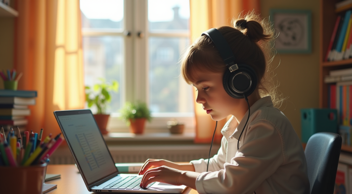 Jeune étudiant concentré sur son ordinateur à la maison
