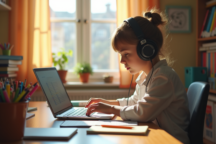 Jeune étudiant concentré sur son ordinateur à la maison