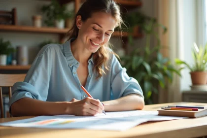 Jeune femme souriante écrit les commandements pour parrainage