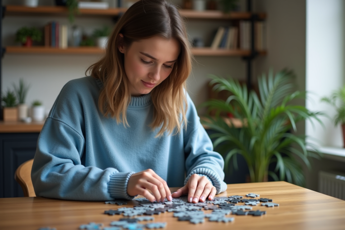 jeune-femme-puzzle-diy Jeune femme assemble un puzzle dans une cuisine moderne