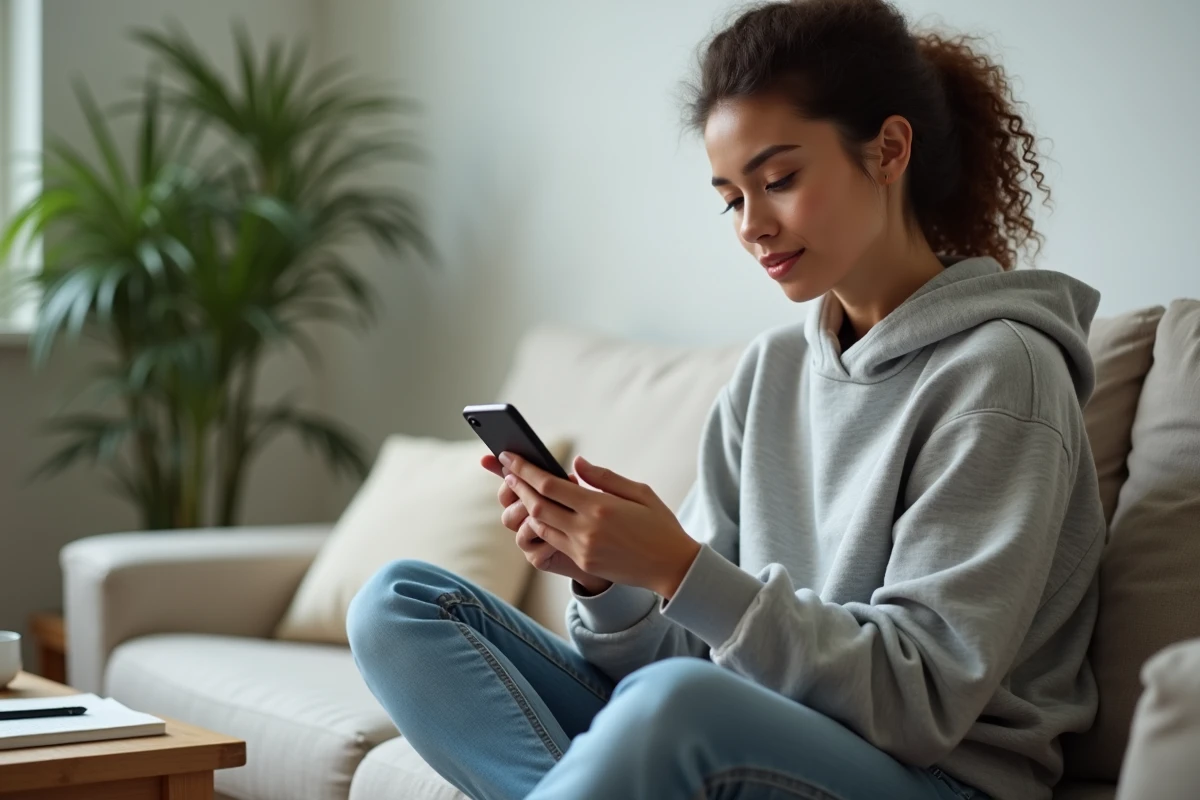 Jeune femme consultant le numéro de contact Pajemploi sur son smartphone dans son salon