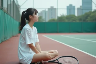Jeune femme japonaise en tennis en réflexion sur court