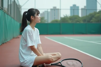 Jeune femme japonaise en tennis en réflexion sur court
