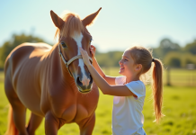 Jeune fille souriante brossant un cheval brun dans un champ ensoleille