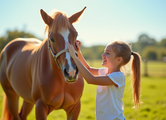 La Jument : un animal de compagnie pour vos enfants ? Jeune fille souriante brossant un cheval brun dans un champ ensoleille
