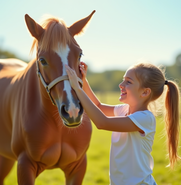Jeune fille souriante brossant un cheval brun dans un champ ensoleille