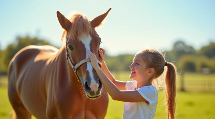 Jeune fille souriante brossant un cheval brun dans un champ ensoleille