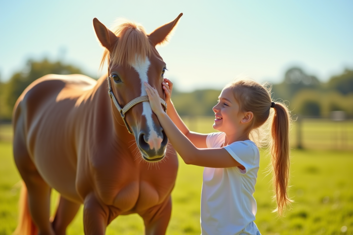 Jeune fille souriante brossant un cheval brun dans un champ ensoleille