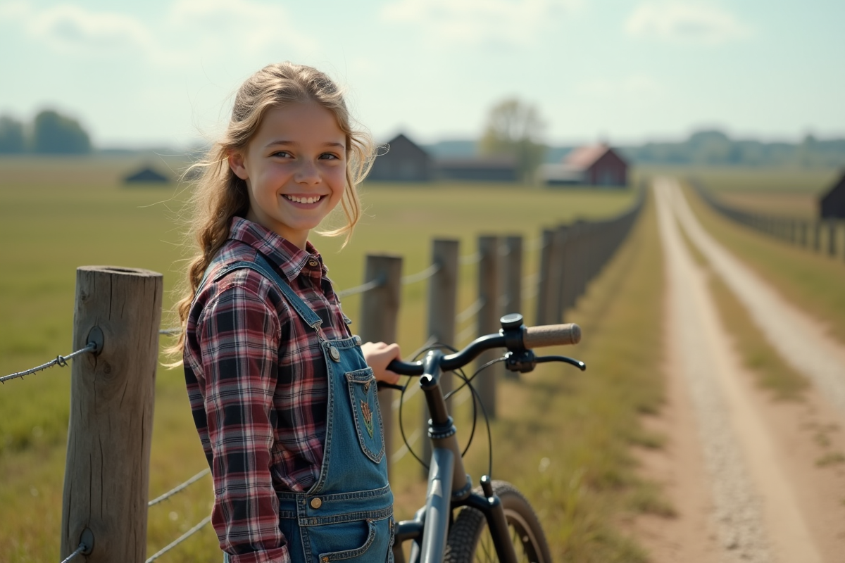 Jeune fille en overalls avec vélo dans la campagne