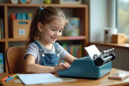 Jeune fille de 8 ans utilisant une machine à écrire vintage dans une chambre lumineuse