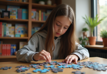 Jeune fille de 13 ans assemble un puzzle dans un salon chaleureux