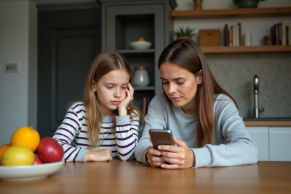 Jeune fille pensif avec sa mère regardant un smartphone