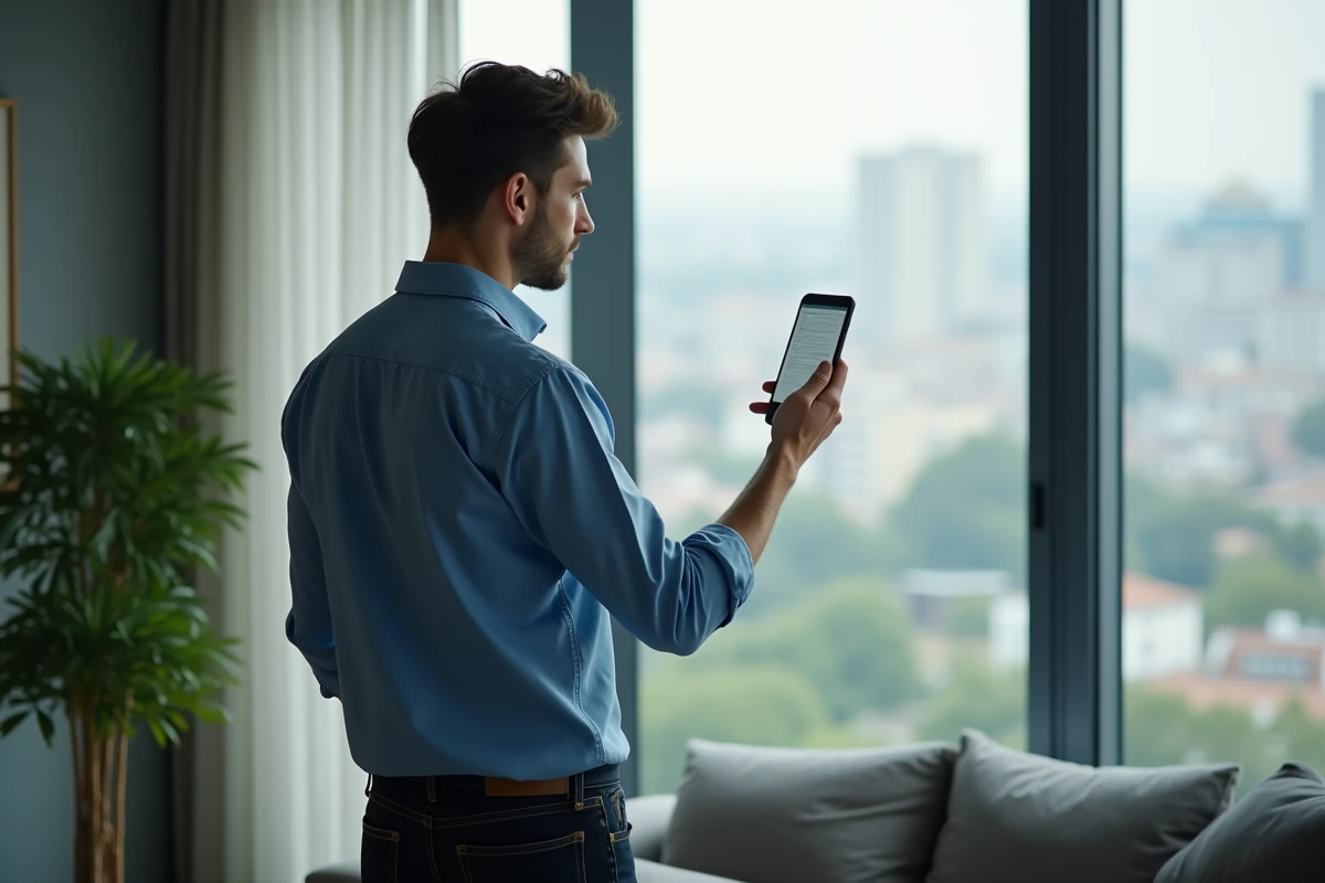 Jeune homme regardant un document sur son smartphone près d