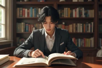 Jeune homme en costume lisant manga dans un bureau lumineux