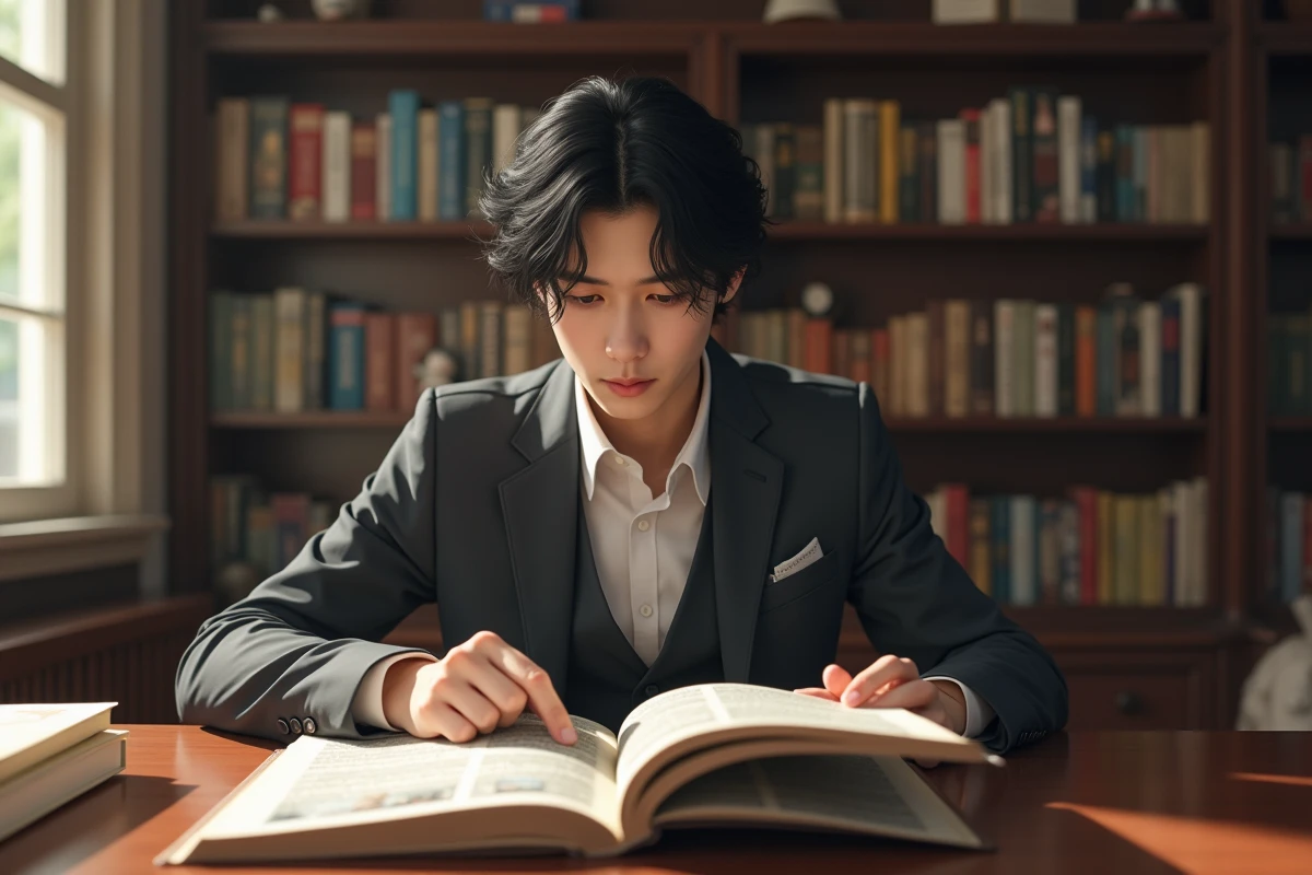 Jeune homme en costume lisant manga dans un bureau lumineux