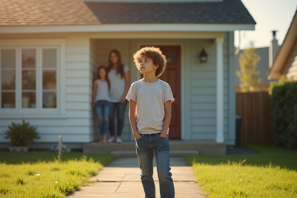 Jeune adulte seul devant la maison en pleine lumière