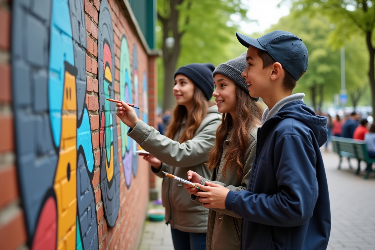 Trois adolescents créant une fresque murale en ville