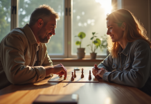 Deux personnes jouent à un jeu de société dans un salon lumineux
