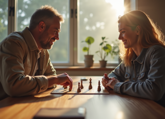 Deux personnes jouent à un jeu de société dans un salon lumineux