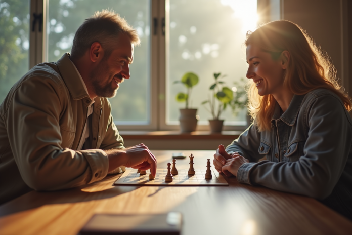 jeux-de-societe-salon Deux personnes jouent à un jeu de société dans un salon lumineux