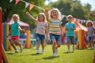 Enfants jouant à un jeu de lancer de sacs lors d'une kermesse scolaire en plein air