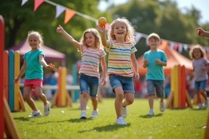 Enfants jouant à un jeu de lancer de sacs lors d'une kermesse scolaire en plein air