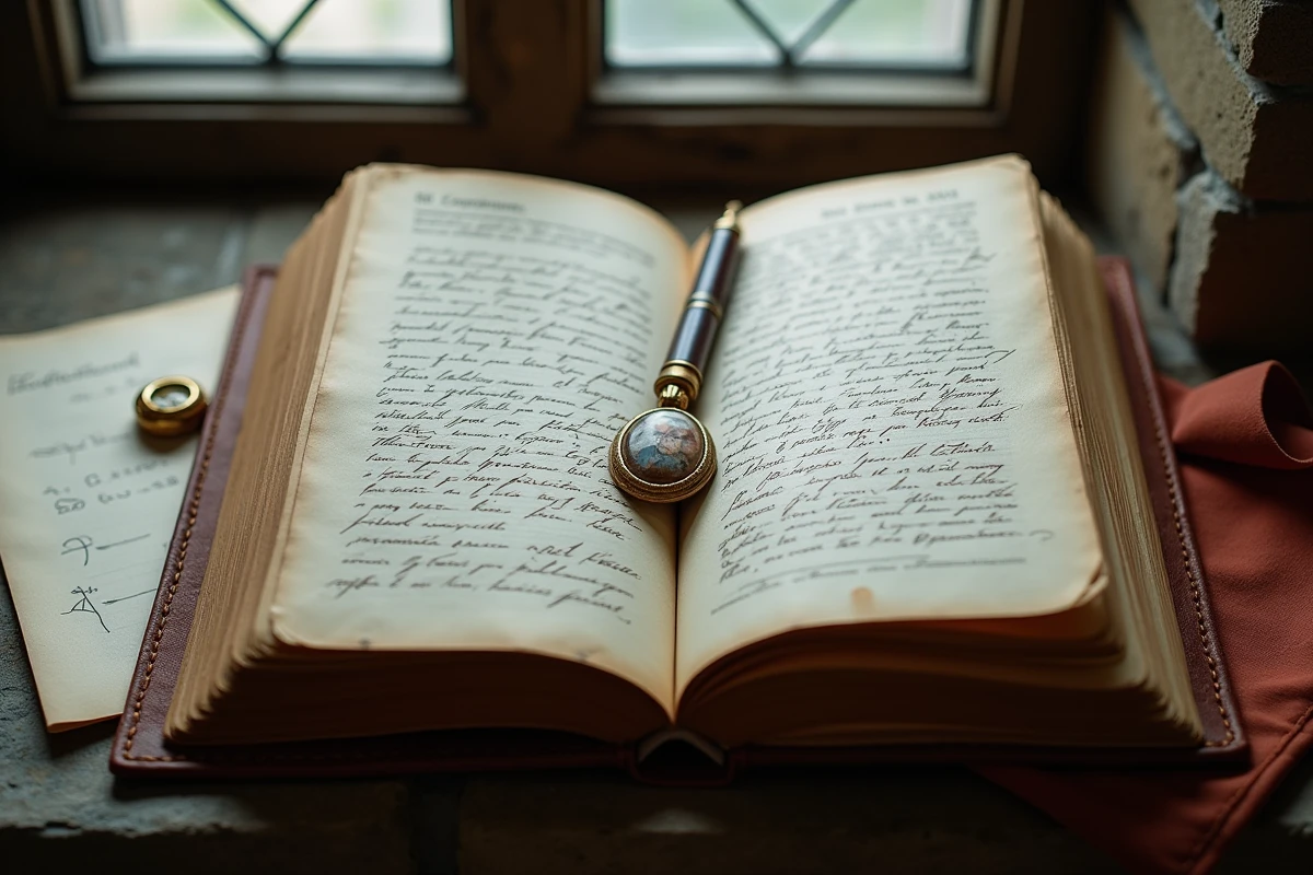 Gros plan d'un journal intime ancien et de lettres manuscrites avec un médaillon portrait sur velours, symbolisant les écrits intimes dévoilés de Marie Valérie fille de Sissi