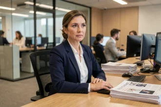 Journaliste professionnelle en blazer marine assise dans une rédaction moderne, illustrant la vie privée des personnalités médiatiques