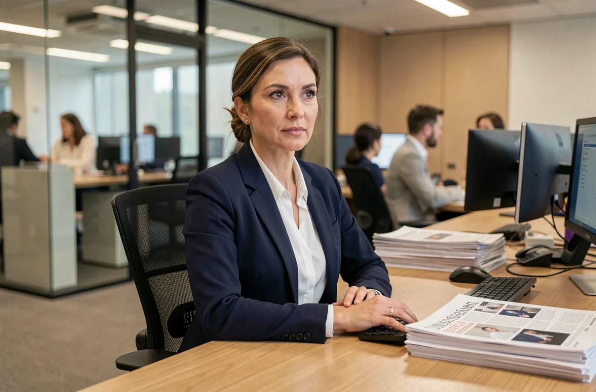 Journaliste professionnelle en blazer marine assise dans une rédaction moderne, illustrant la vie privée des personnalités médiatiques