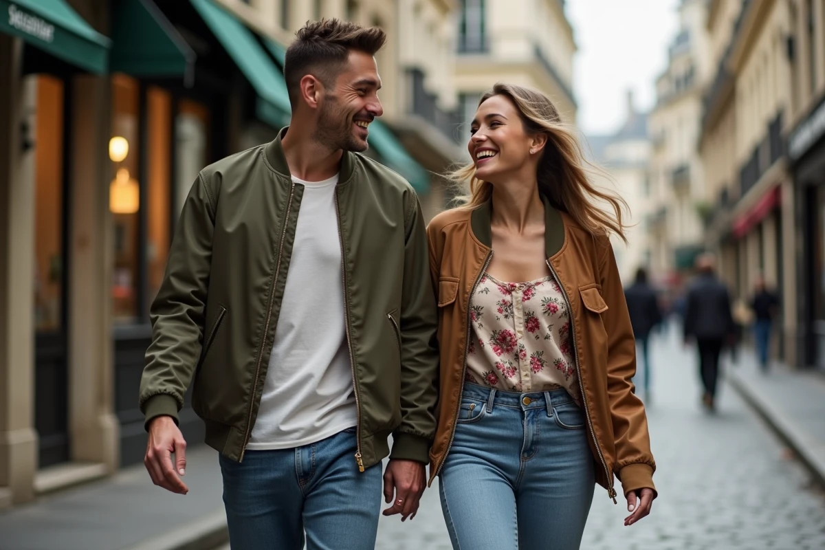Couple de jeunes adultes marchant ensemble dans une rue pavée parisienne, symbolisant la vie amoureuse discrète et le respect de l'intimité
