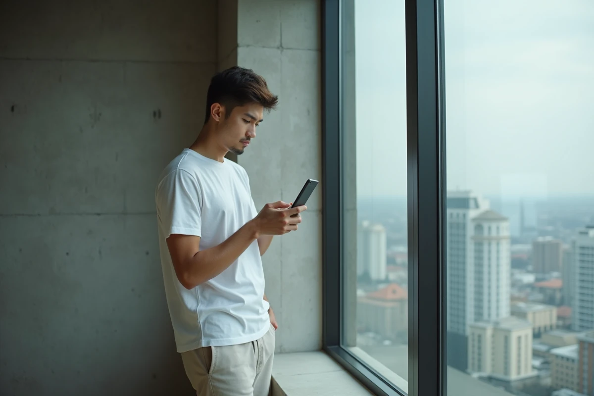 Jeune homme consultant son téléphone près d'une fenêtre dans un appartement moderne, évoquant la frontière entre vie publique et vie privée d'une célébrité