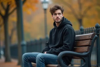 Jeune homme pensif assis seul sur un banc dans un parc urbain, illustrant la vie privée et l'intimité d'un artiste en 2026