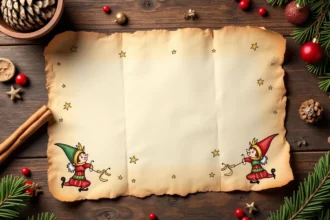 Lettre de lutin farceur écrite sur parchemin crème avec décors de Noël en bois rustique pour calendrier de l'avent