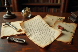 Lettres manuscrites anciennes de style XIXe siècle étalées sur un bureau en bois antique, évoquant la correspondance intime de Marie Valérie fille de Sissi