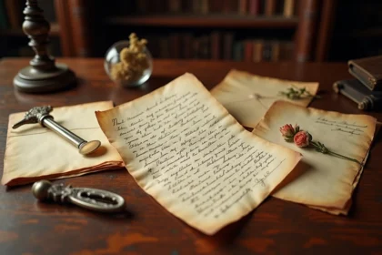 Lettres manuscrites anciennes de style XIXe siècle étalées sur un bureau en bois antique, évoquant la correspondance intime de Marie Valérie fille de Sissi