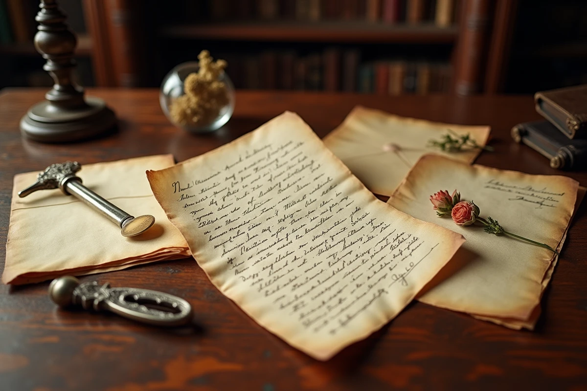 Lettres manuscrites anciennes de style XIXe siècle étalées sur un bureau en bois antique, évoquant la correspondance intime de Marie Valérie fille de Sissi