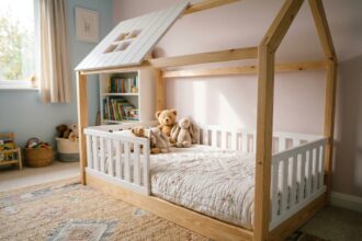 Lit maison en bois pour enfant avec cadre en pin naturel et lattes blanches dans une chambre douce aux tons pastels