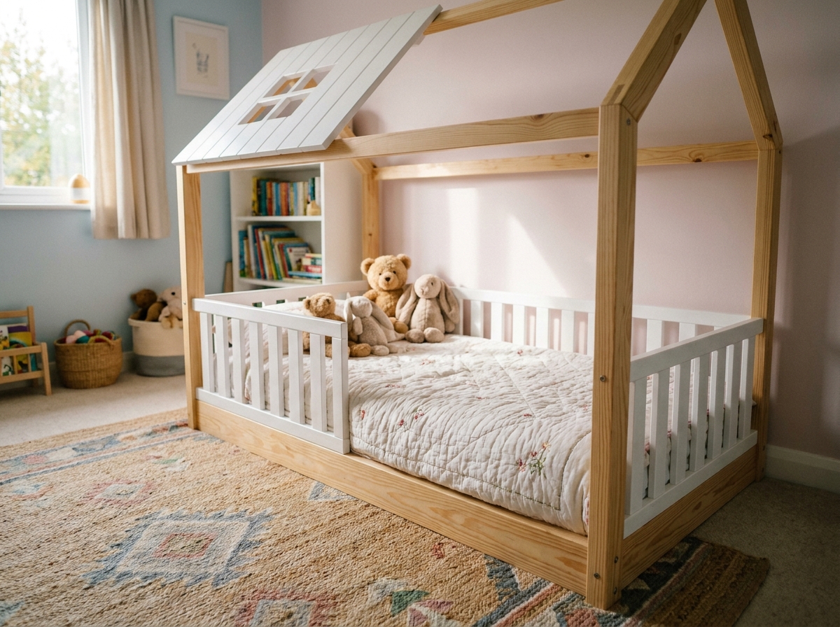 Lit maison en bois pour enfant avec cadre en pin naturel et lattes blanches dans une chambre douce aux tons pastels