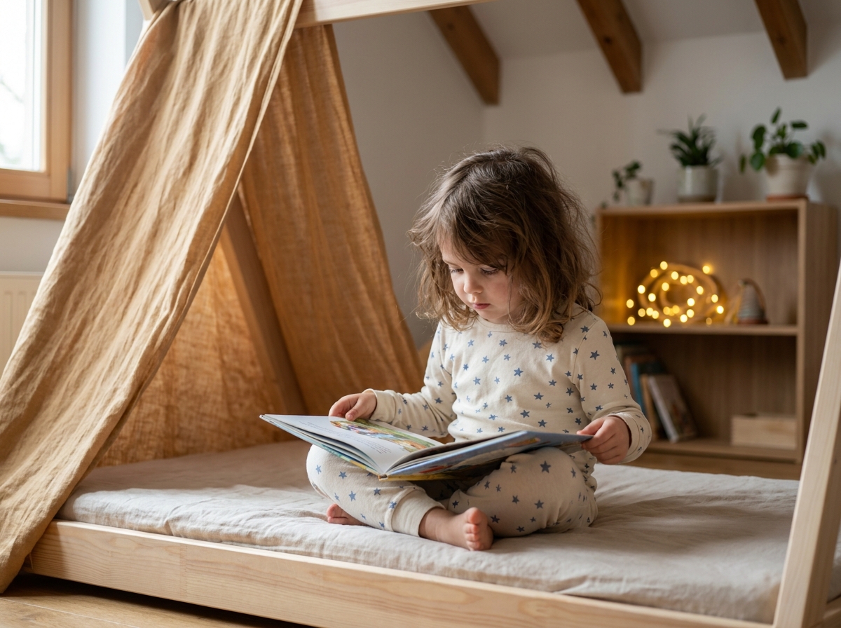 Petite fille lisant sur un lit au sol de style Montessori avec baldaquin en lin dans une chambre en bois chaleureuse