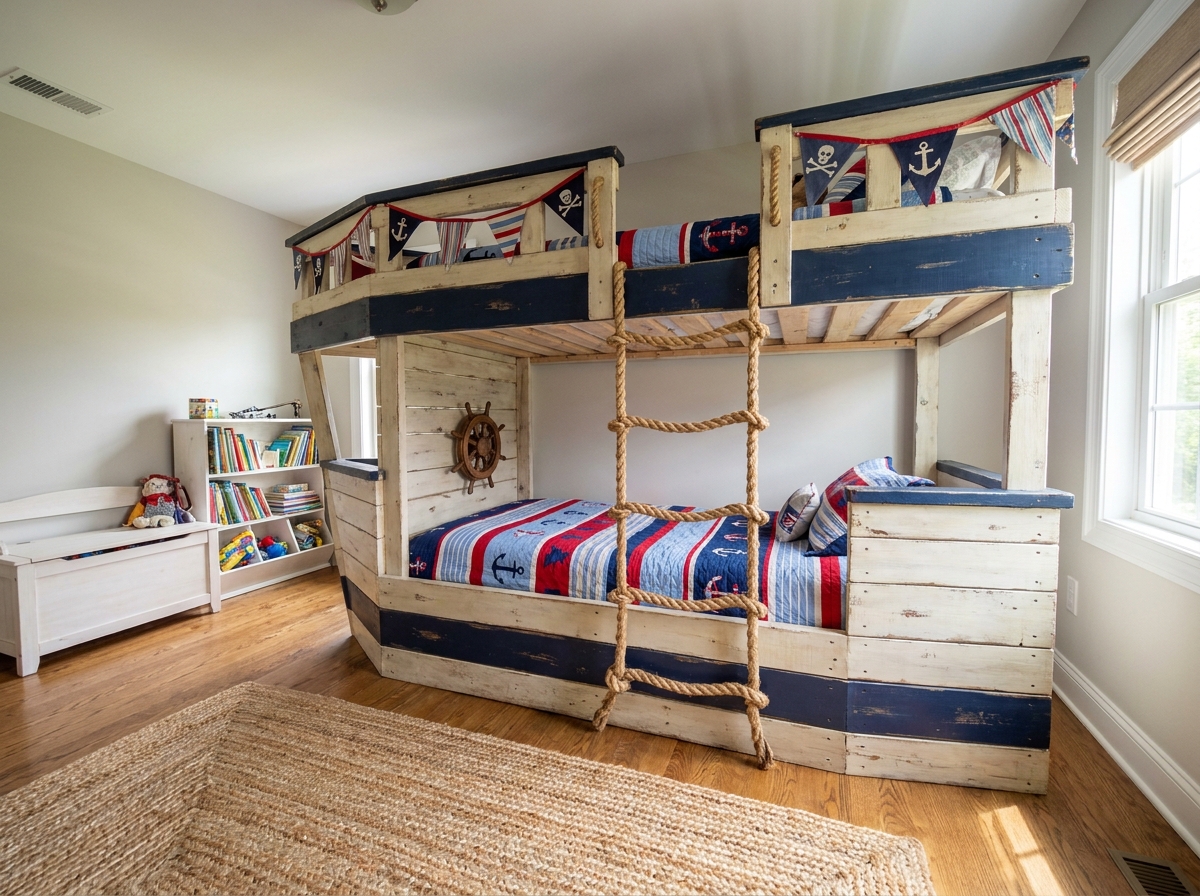 Lit superposé en forme de bateau pirate en bois peint bleu marine et blanc dans une chambre d'enfant partagée au sol en bois
