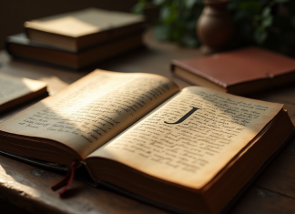 Livres anciens ouverts avec noms commençant par J sur une table en lumière naturelle