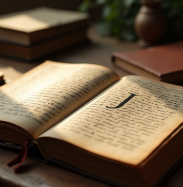 Livres anciens ouverts avec noms commençant par J sur une table en lumière naturelle